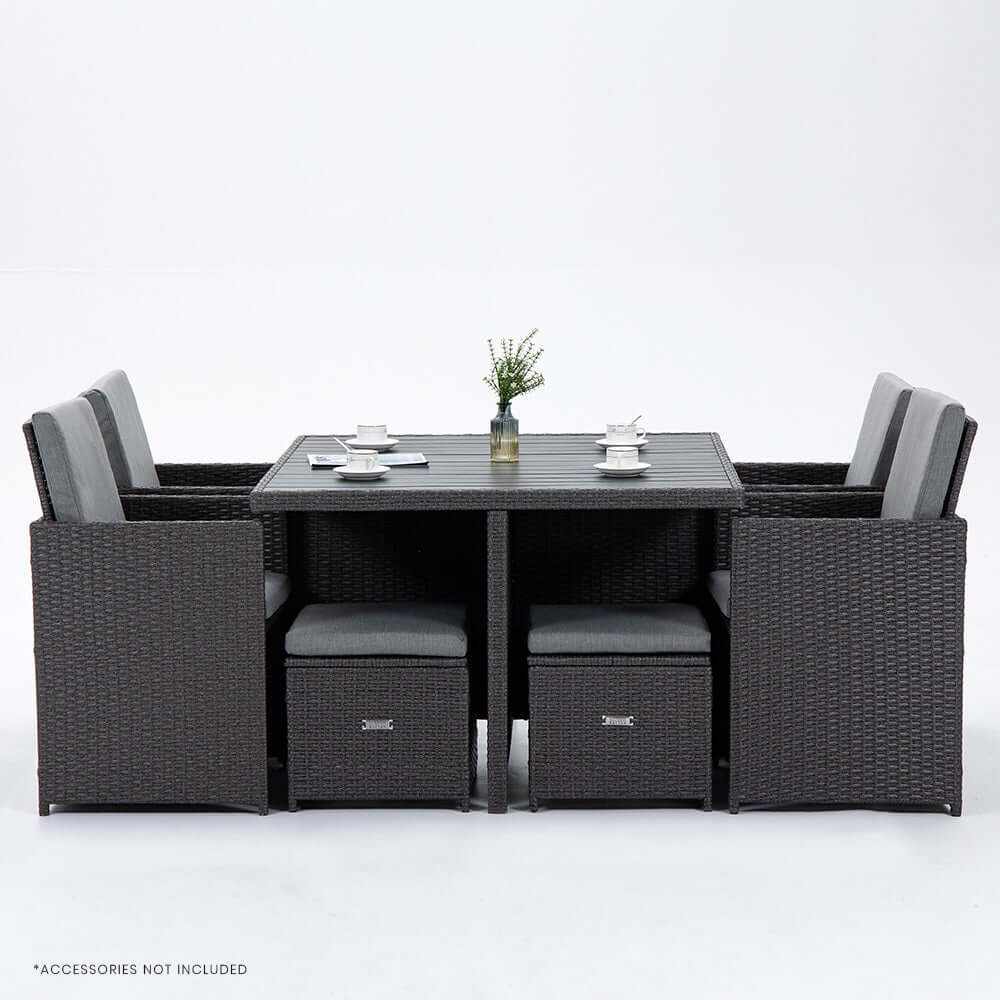 LONDON RATTAN Outdoor Dining Table 9 Piece Furniture Wicker Set - Grey