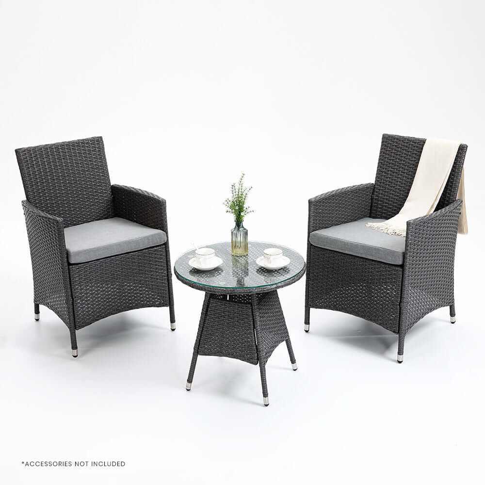 LONDON RATTAN 3 Piece Wicker Patio Set with Table and Chairs - Grey