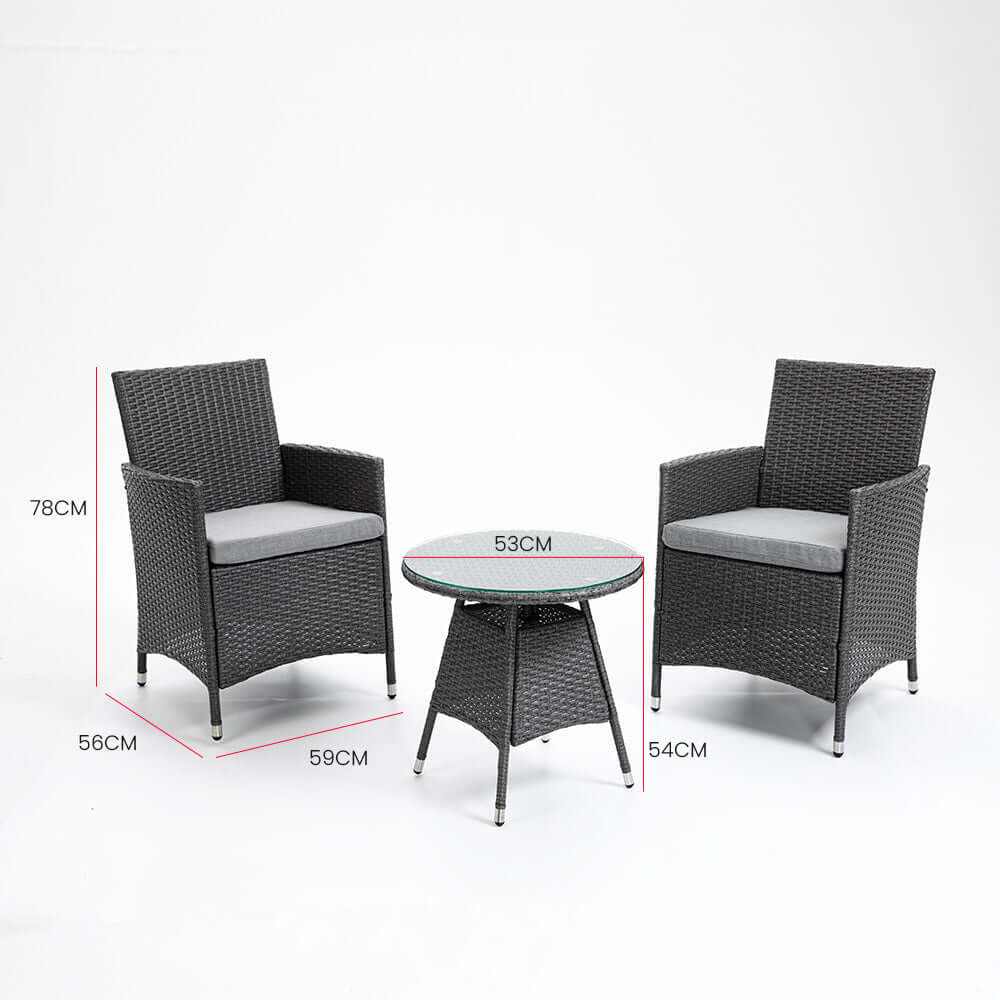 LONDON RATTAN 3 Piece Wicker Patio Set with Table and Chairs - Grey