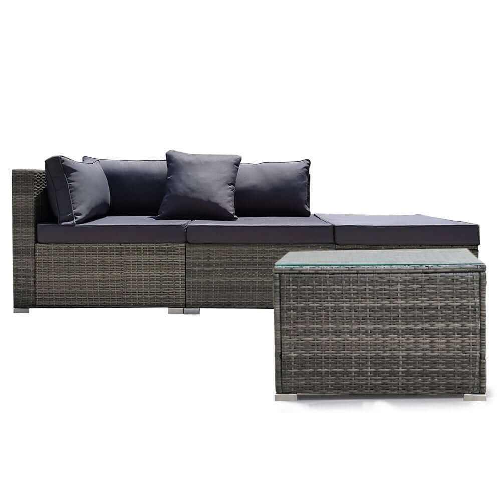 LONDON RATTAN 4 Piece 3 Seater Outdoor Sofa And Table - Grey