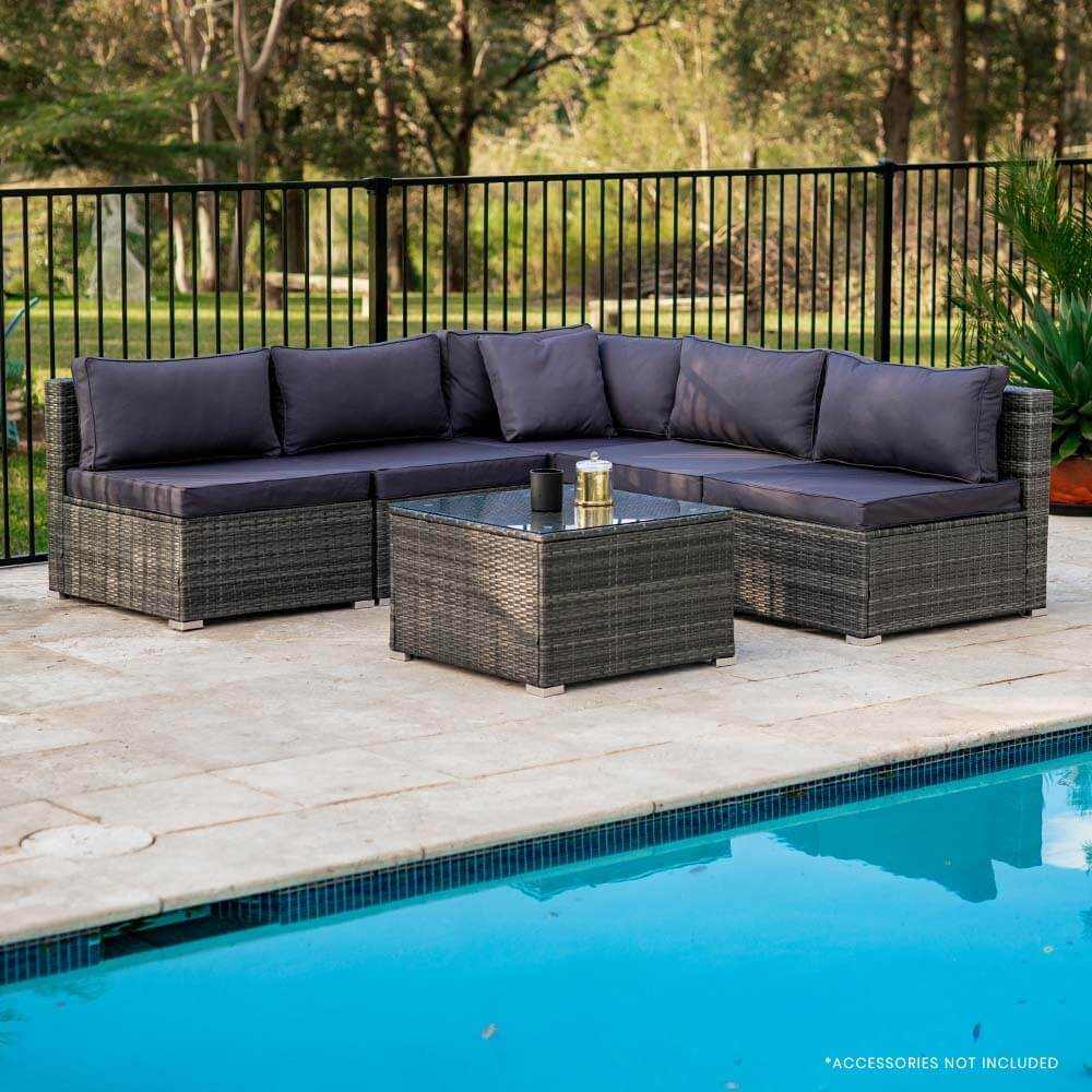 LONDON RATTAN 5 Seater Modular Outdoor Couch with Coffee Table - Grey