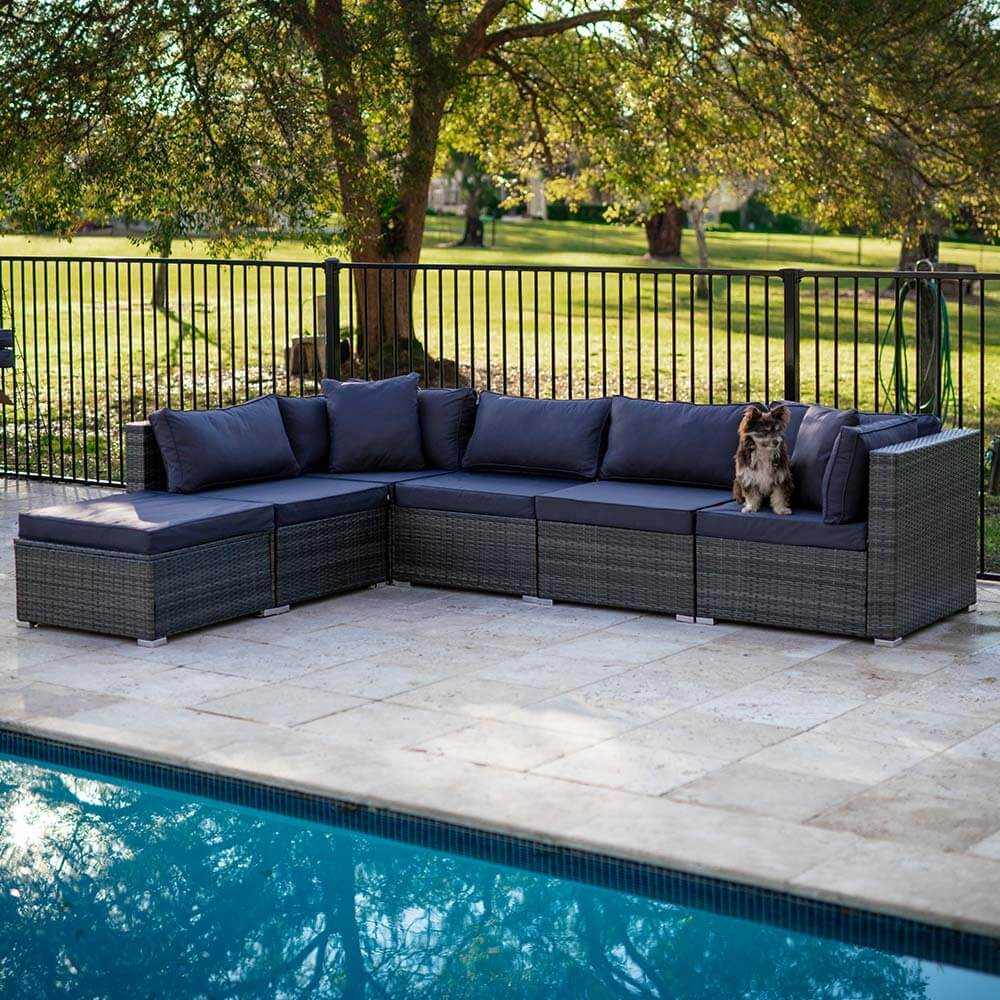 LONDON RATTAN 6 Seater Modular Outdoor Lounge Setting with Ottoman, Gr
