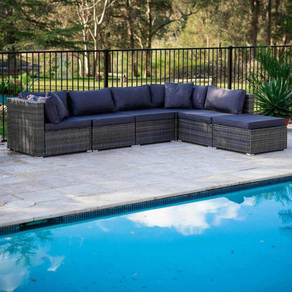 LONDON RATTAN 6 Seater Modular Outdoor Lounge Setting with Ottoman, Gr