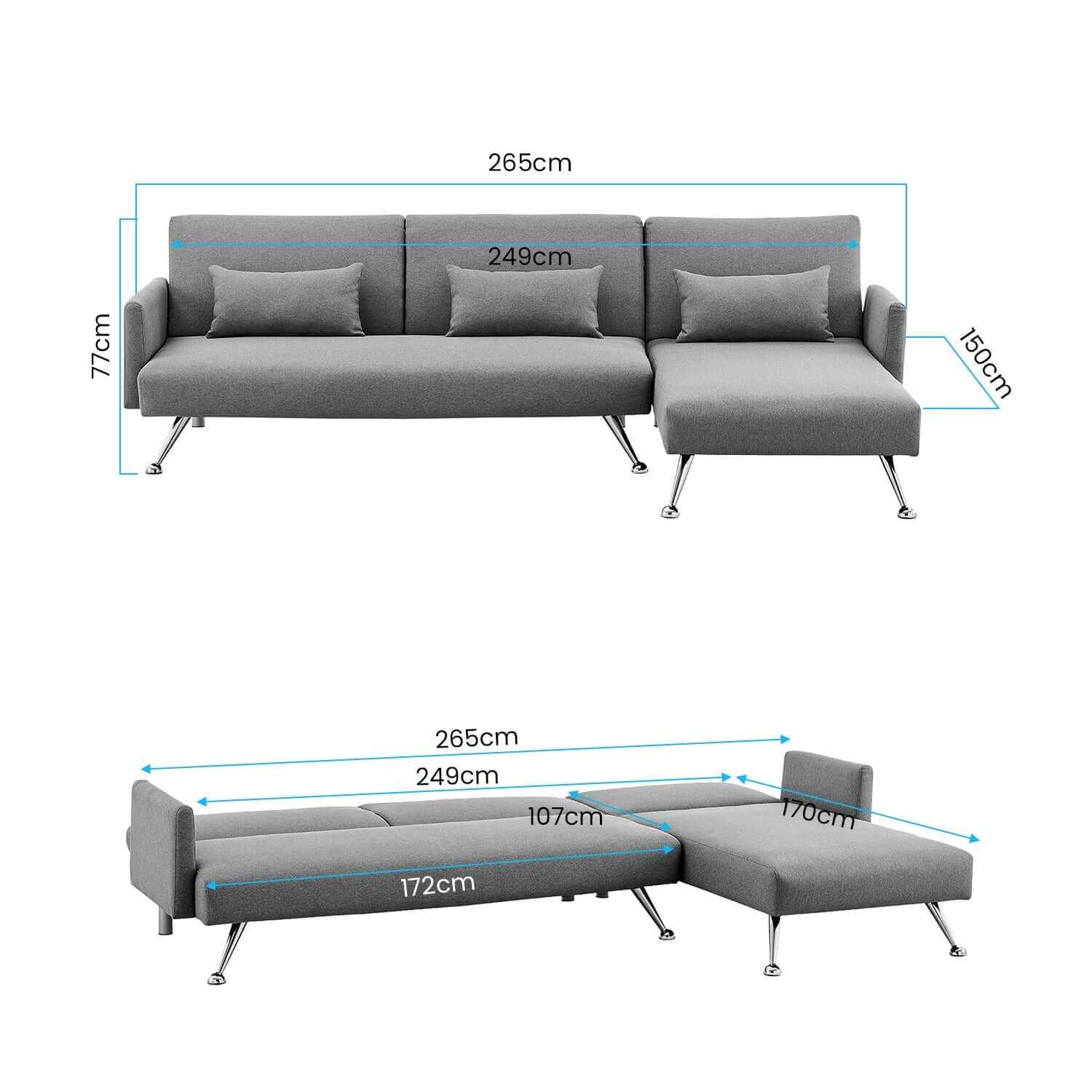 Sarantino Mia 3 Seater Sofa With Chaise and Pillows - Dark Grey