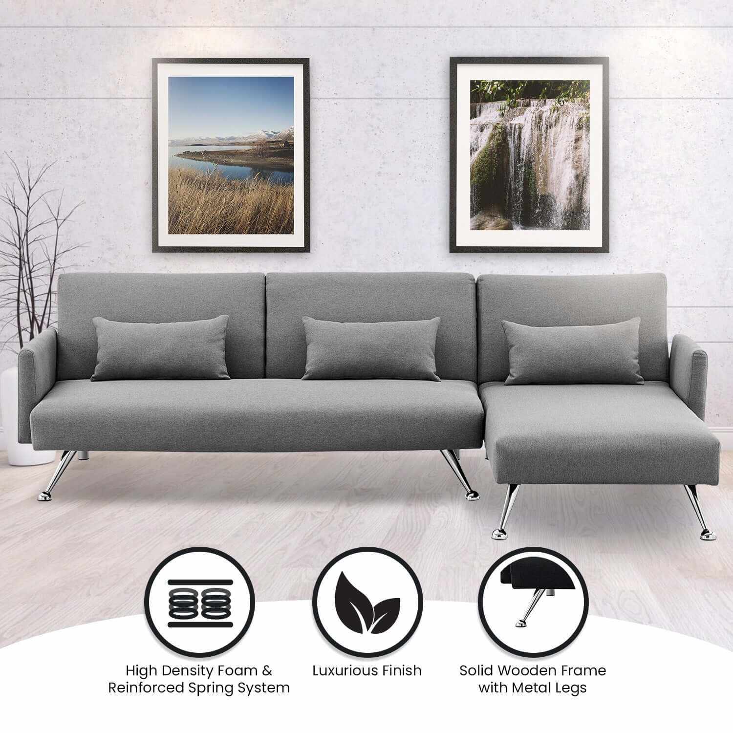 Sarantino Mia 3 Seater Sofa With Chaise and Pillows - Dark Grey