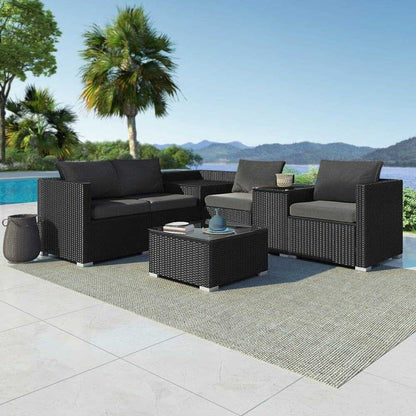 7PC Corner Rattan Outdoor Sofa with Storage - Black