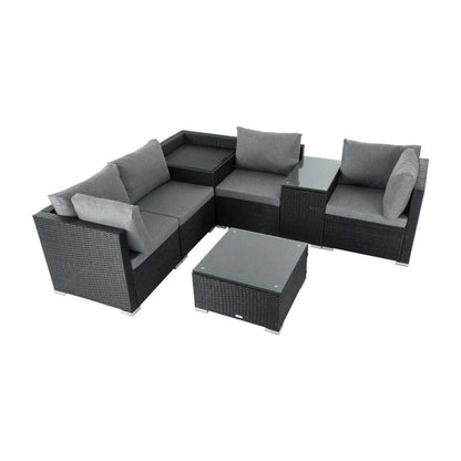 7PC Corner Rattan Outdoor Sofa with Storage - Black