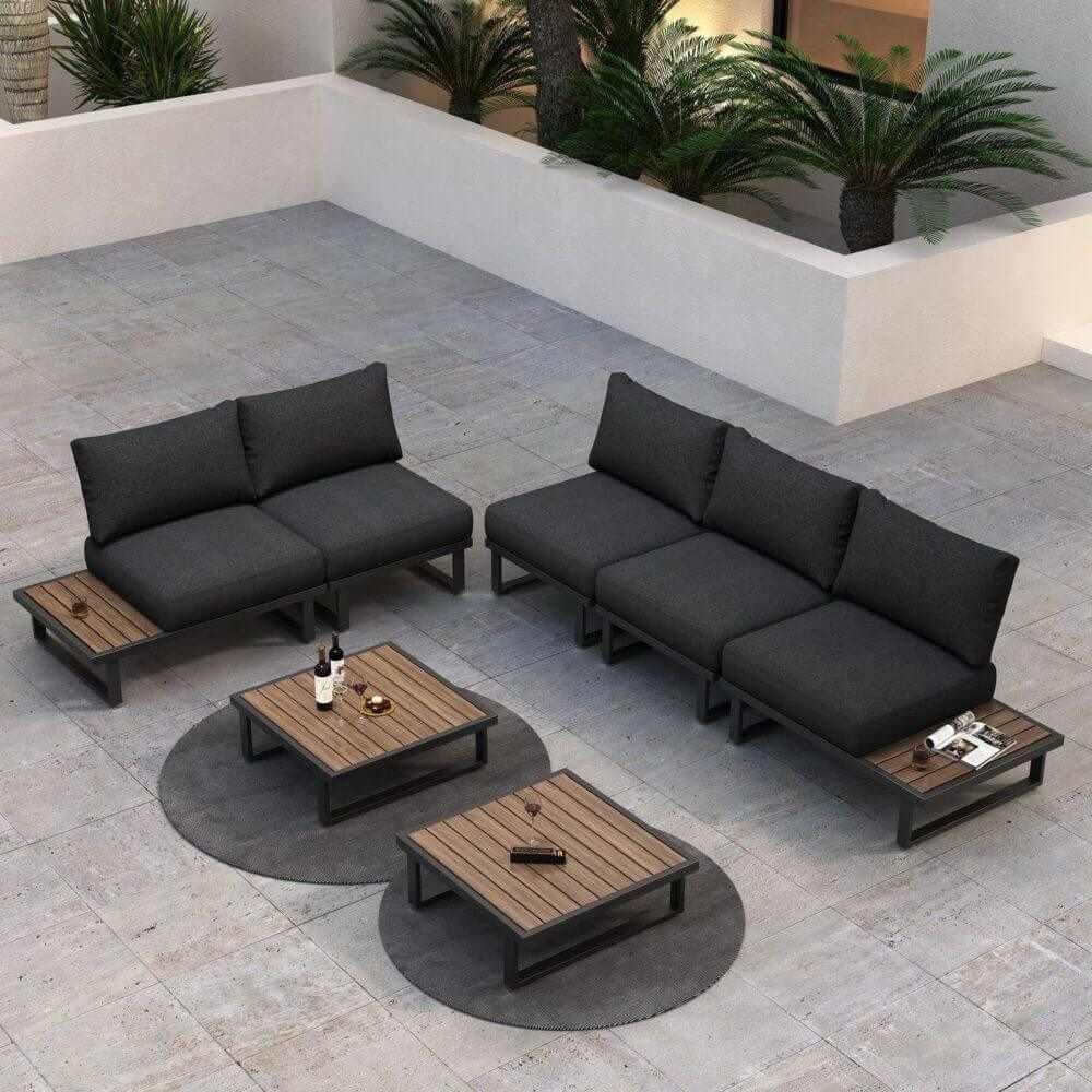 Modern Outdoor 7 Piece Couch Set with Slatted Design Tables