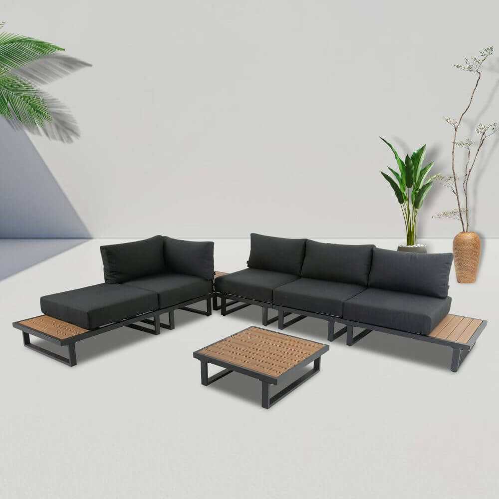 Modern Outdoor 7 Piece Couch Set with Slatted Design Tables