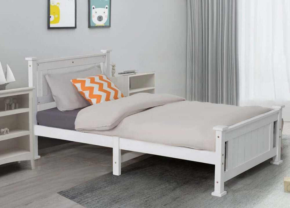 white timber single bed