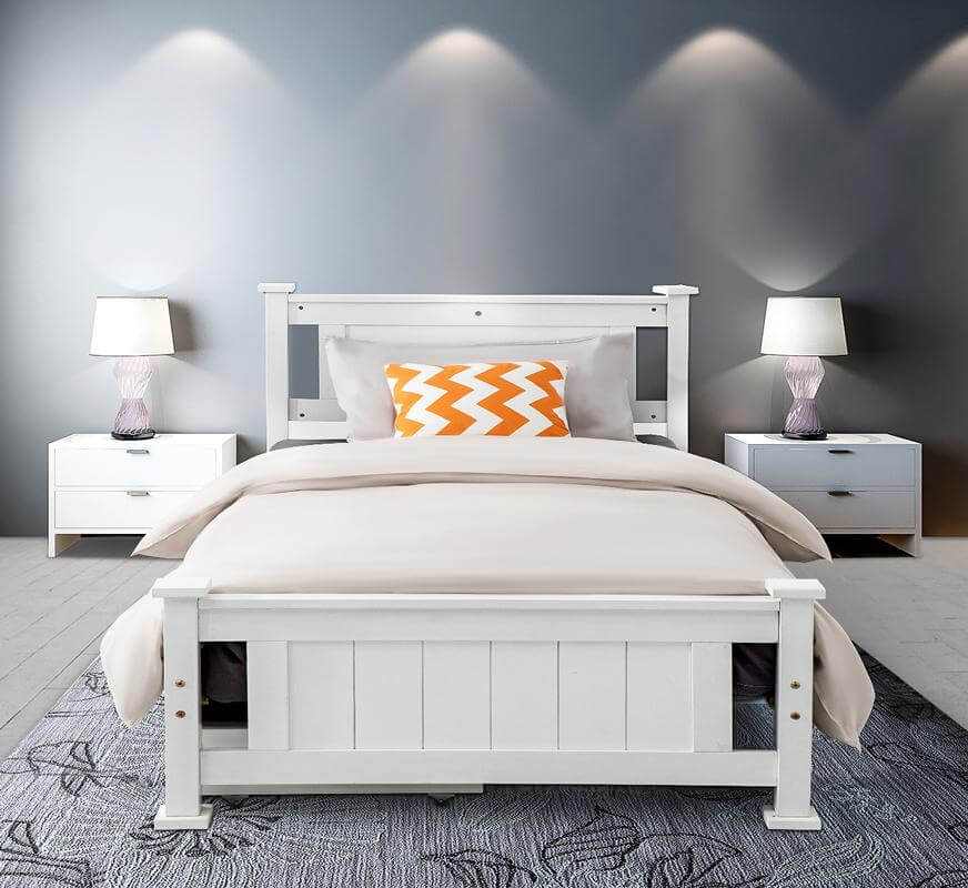 white timber single bed