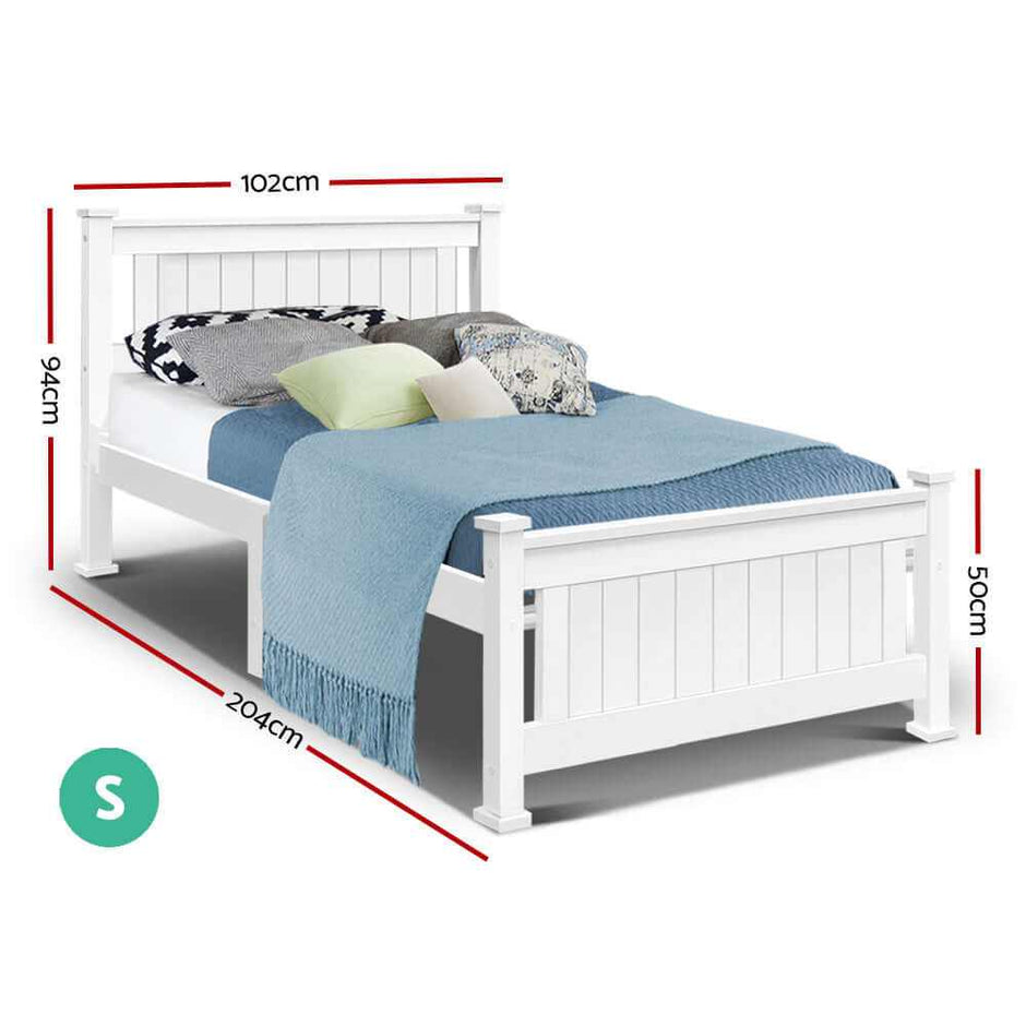 white timber single bed