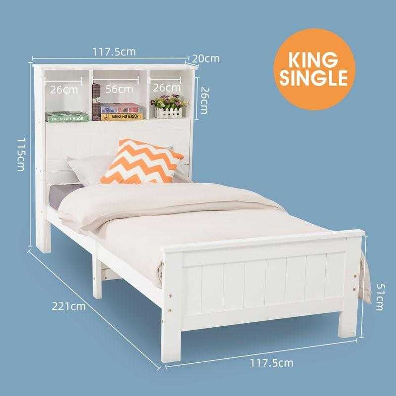 King Single Solid Pine Timber Bed Frame with Bookshelf Storage Headboa