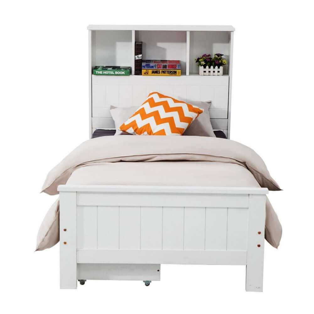 King Single Solid Pine Timber Bed Frame with Bookshelf Storage Headboa