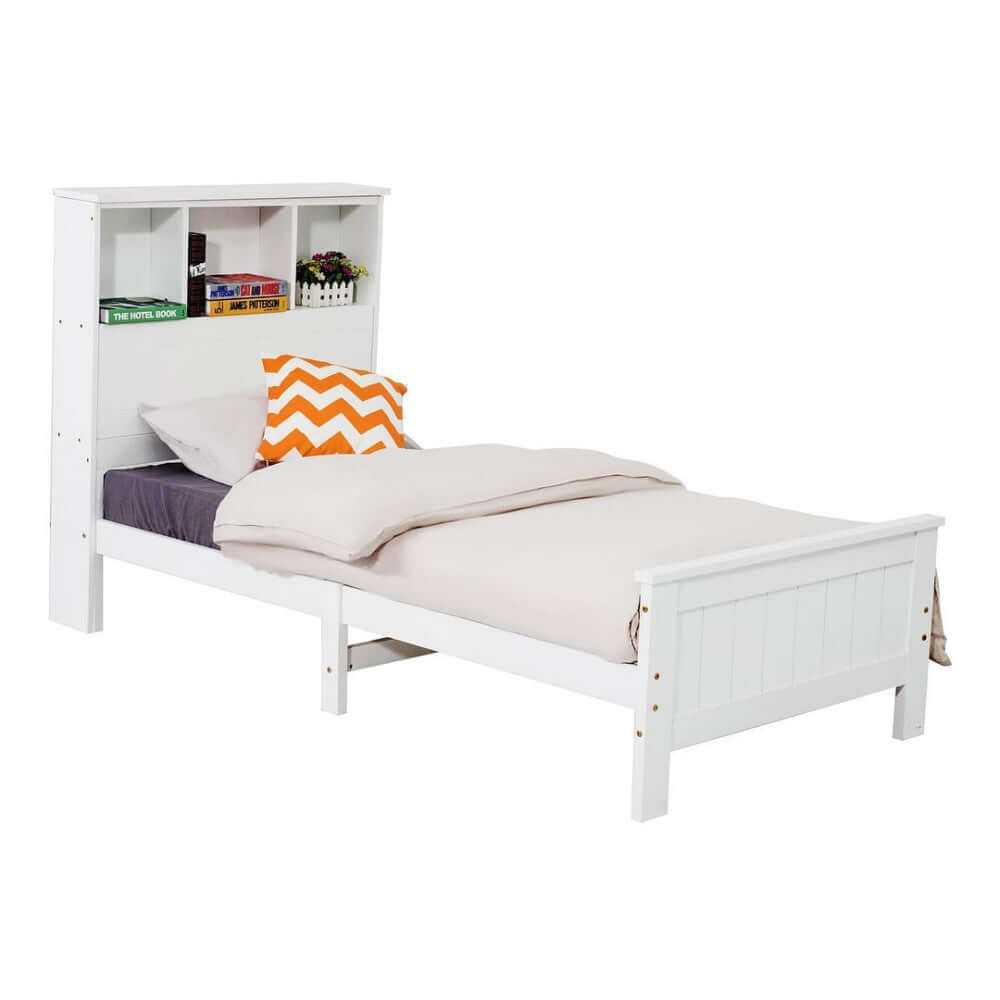 King Single Solid Pine Timber Bed Frame with Bookshelf Storage Headboa
