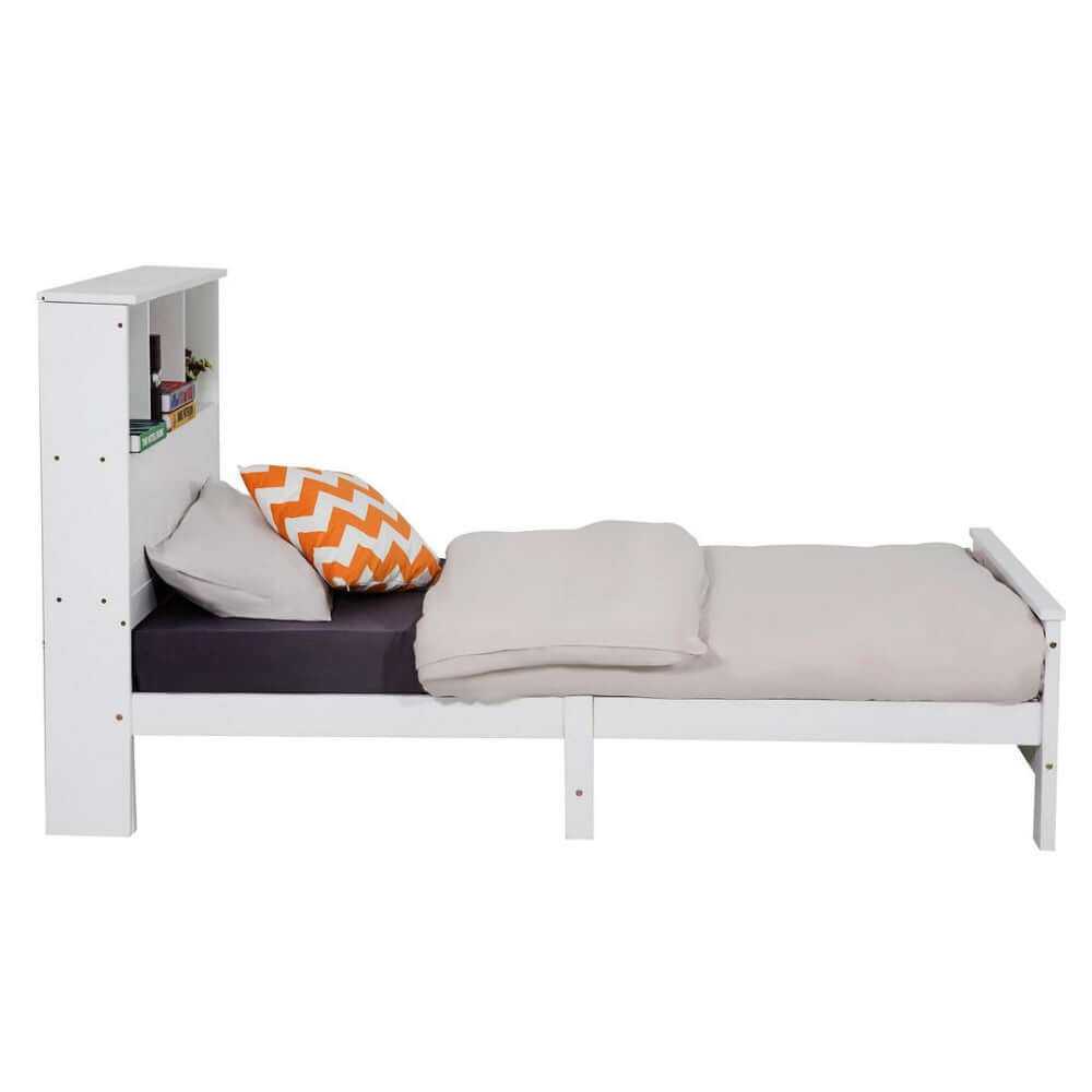 King Single Solid Pine Timber Bed Frame with Bookshelf Storage Headboa