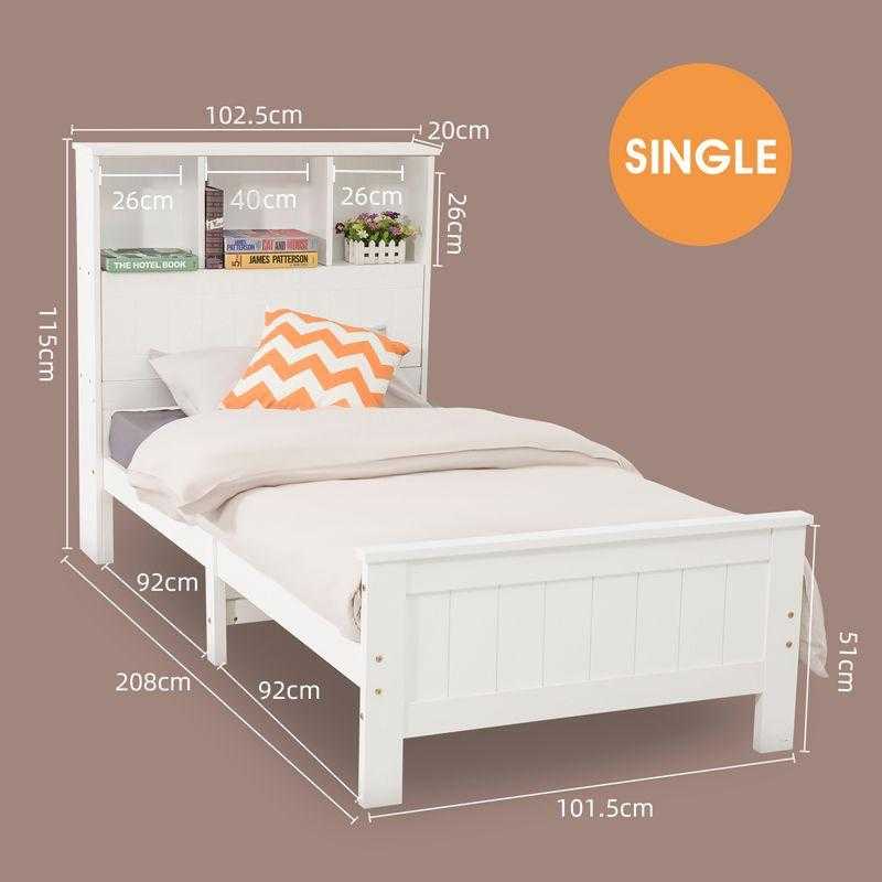 Single Size Solid Pine Timber Bed Frame with Bookshelf Headboard- Whit