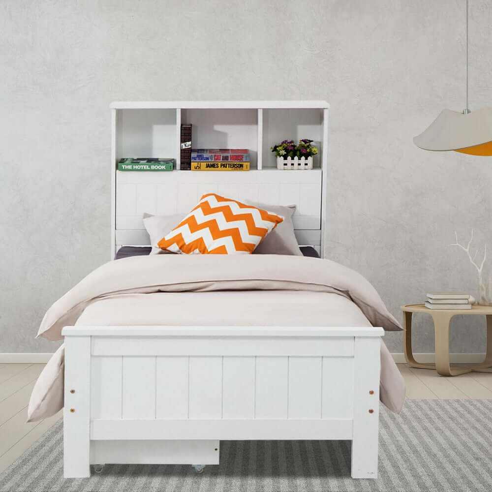 Single Size Solid Pine Timber Bed Frame with Bookshelf Headboard- Whit