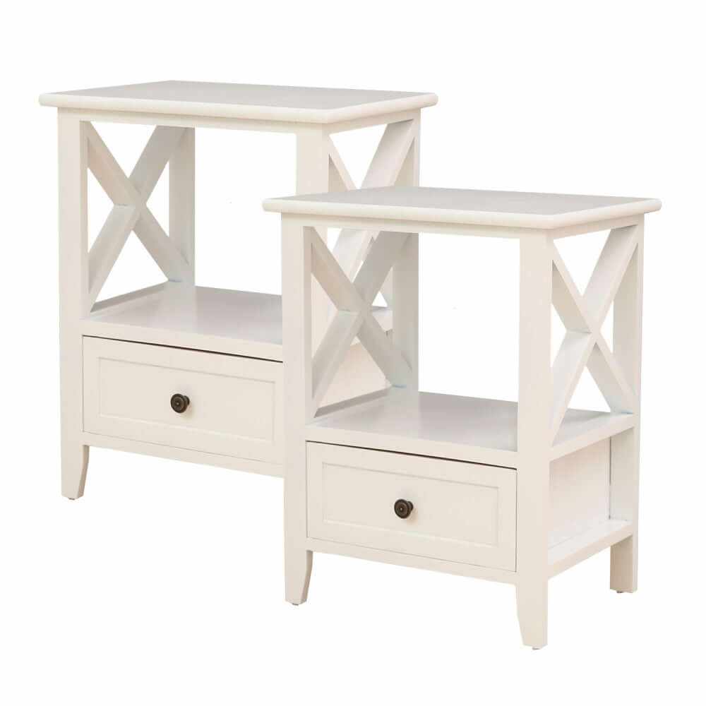 2-tier Bedside Table with Storage Drawer Set of 2 Rustic White