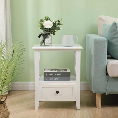 2-tier Bedside Table with Storage Drawer Set of 2 Rustic White