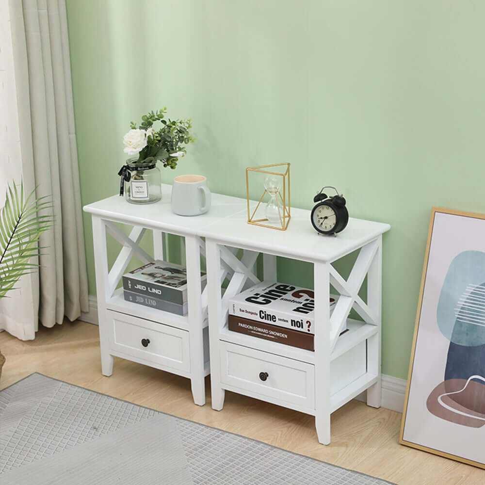 2-tier Bedside Table with Storage Drawer Set of 2 Rustic White