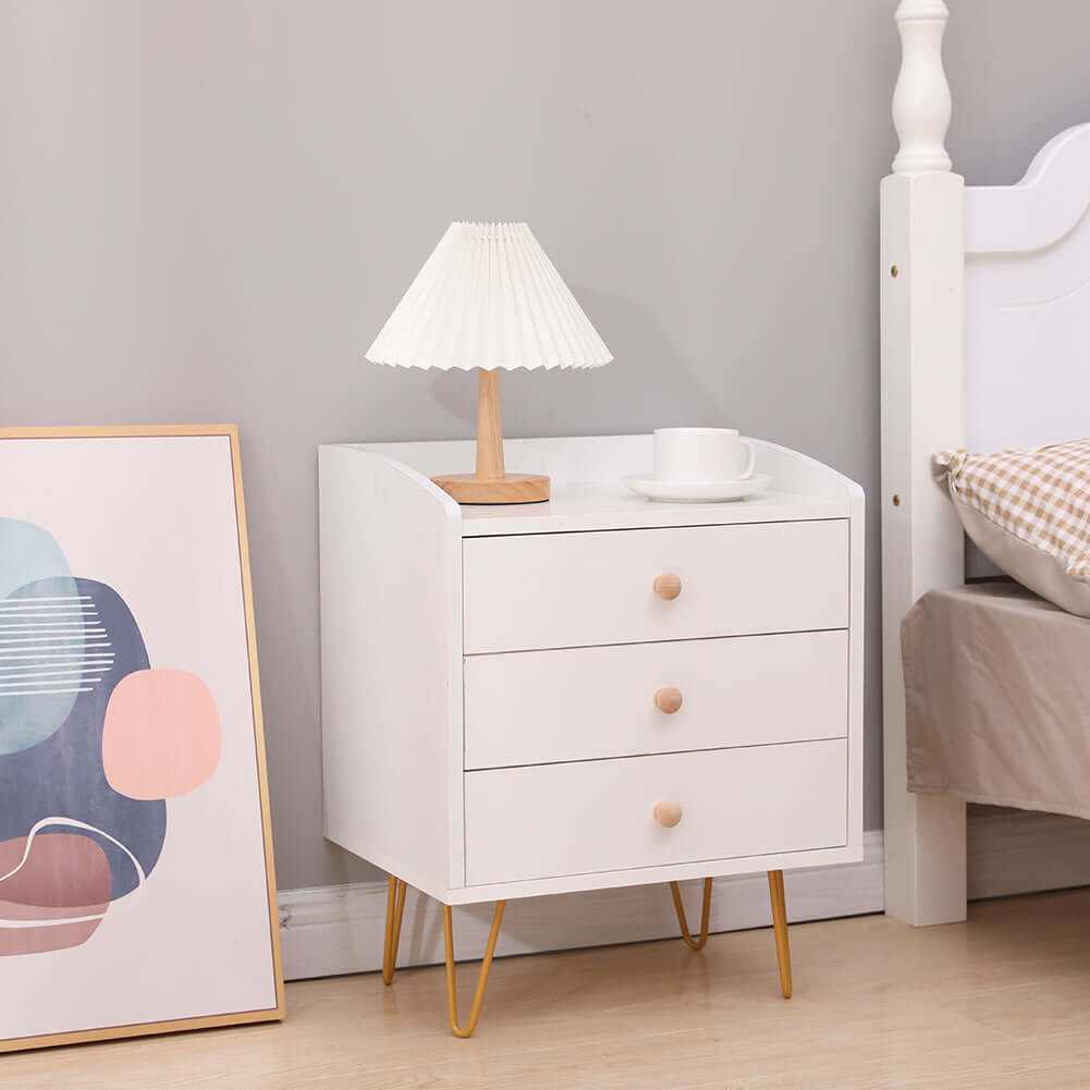 Winston 3-Drawer Nightstand Bedside Table with Gold Steel Legs Tray To