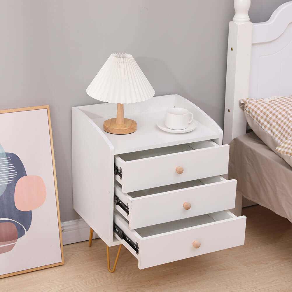 Winston 3-Drawer Nightstand Bedside Table with Gold Steel Legs Tray To