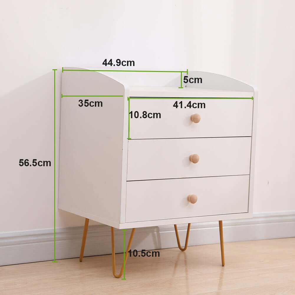Winston 3-Drawer Nightstand Bedside Table with Gold Steel Legs Tray To