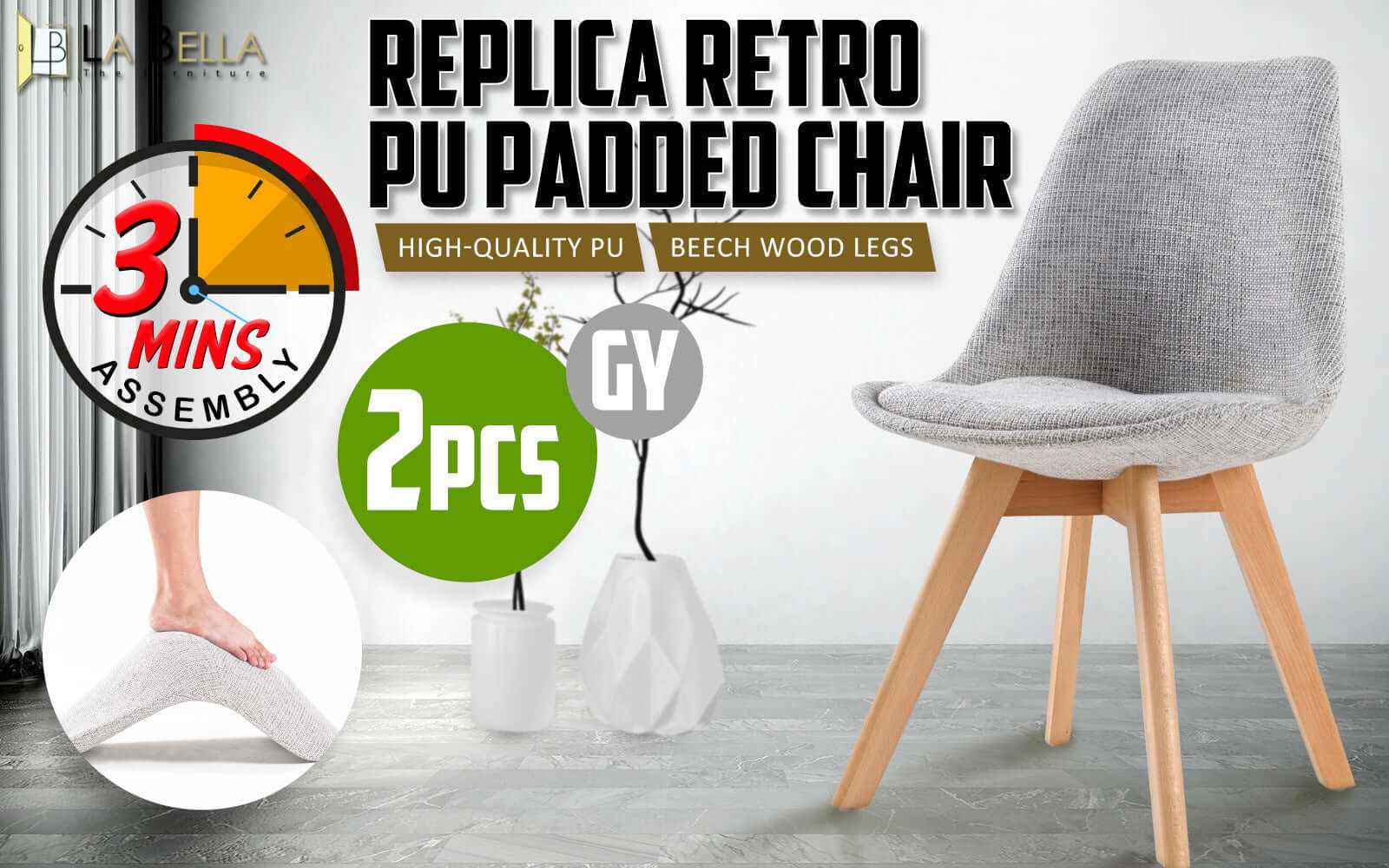 2X Padded Seat Retro Dining Cafe Chair - GREY