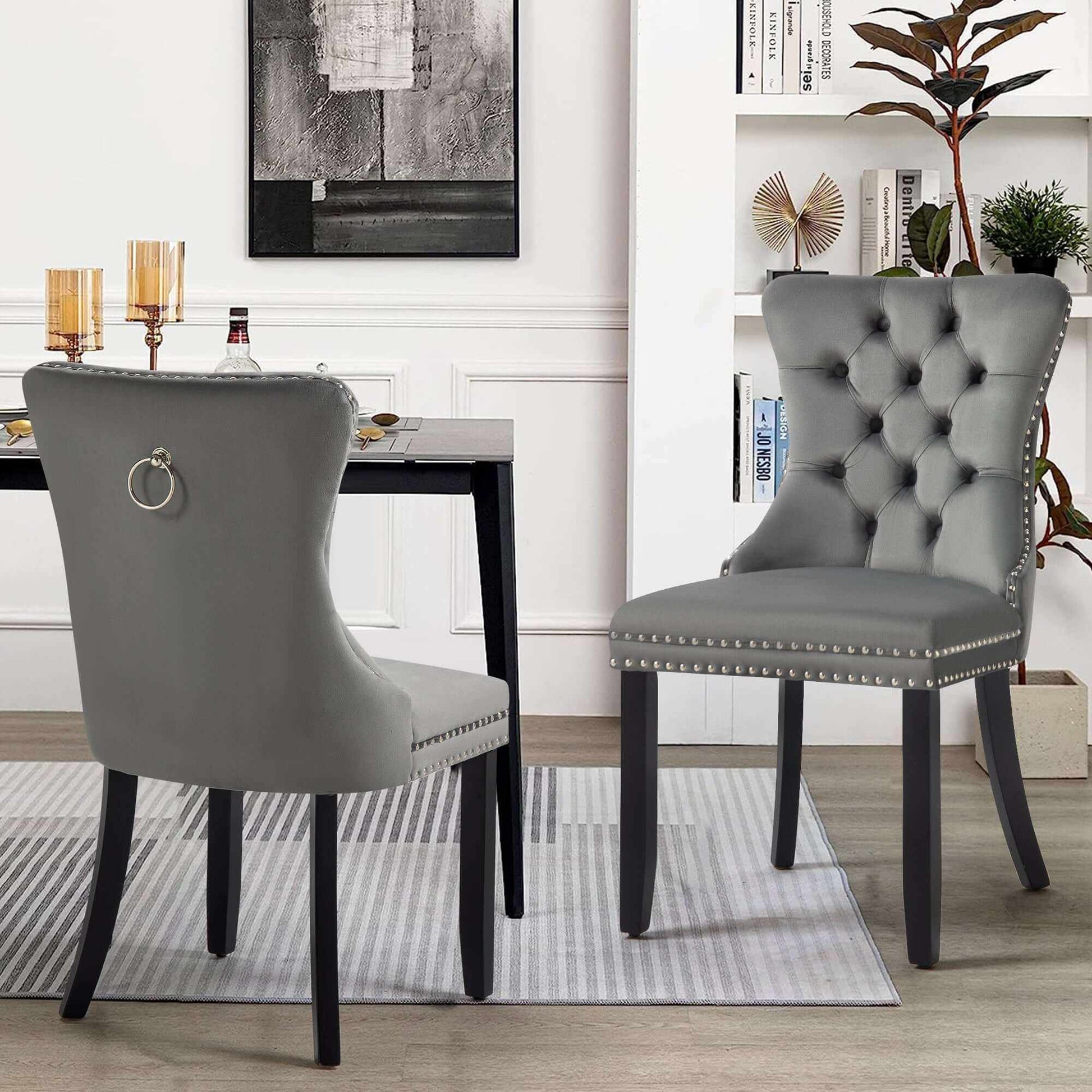 Set of 2 - Alsea Dark Grey Velvet Rubberwood Dining Chairs
