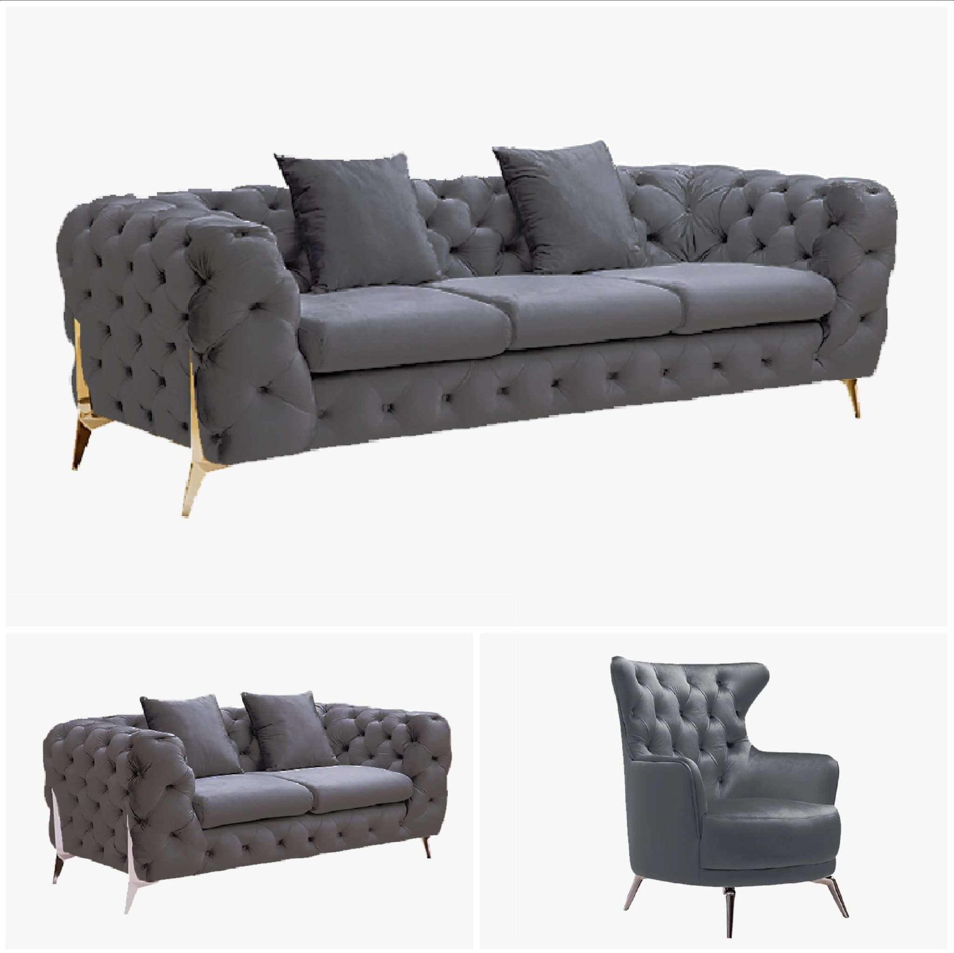Grand Tufted Dark Grey Velvet Sofa - Silver Legs