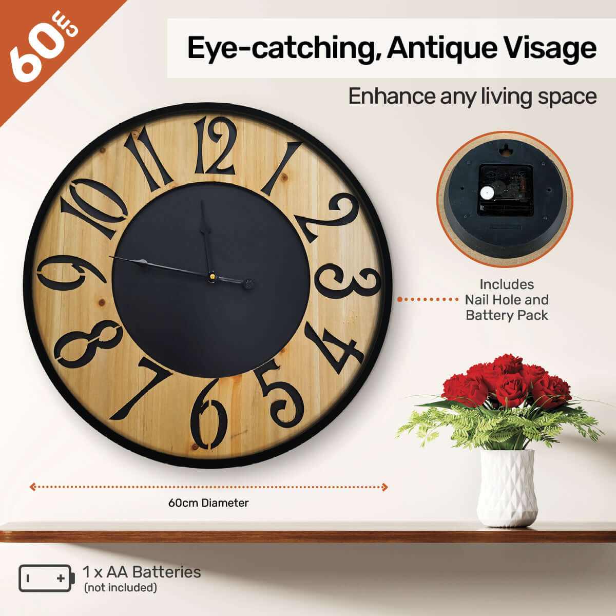 Home Master Wall Clock Wood &amp; Metal Look Stylish Design Large Numb