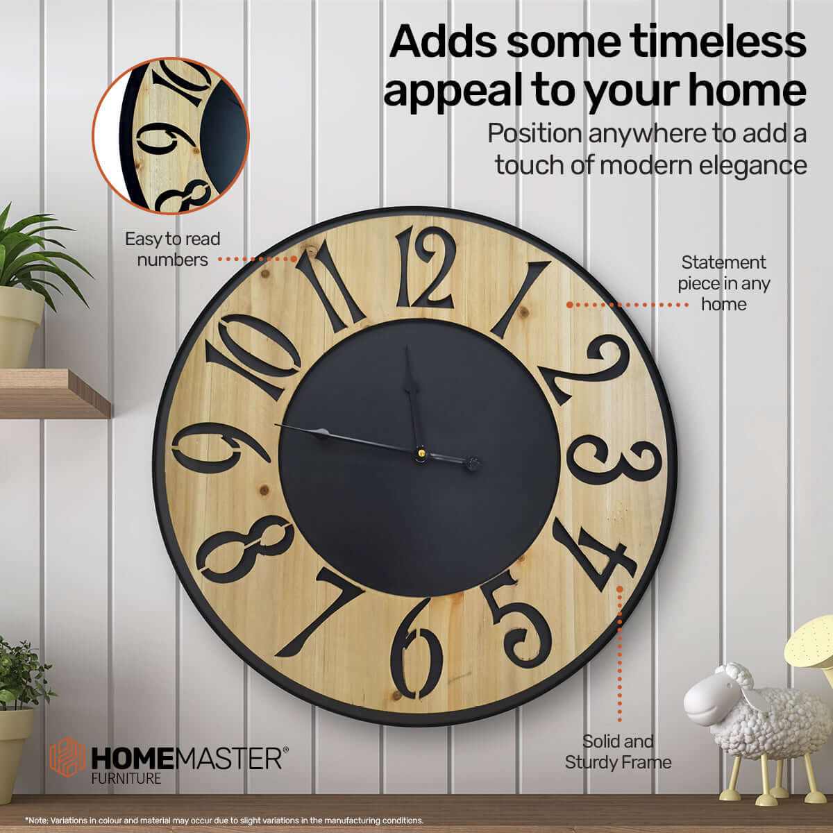 Home Master Wall Clock Wood &amp; Metal Look Stylish Design Large Numb