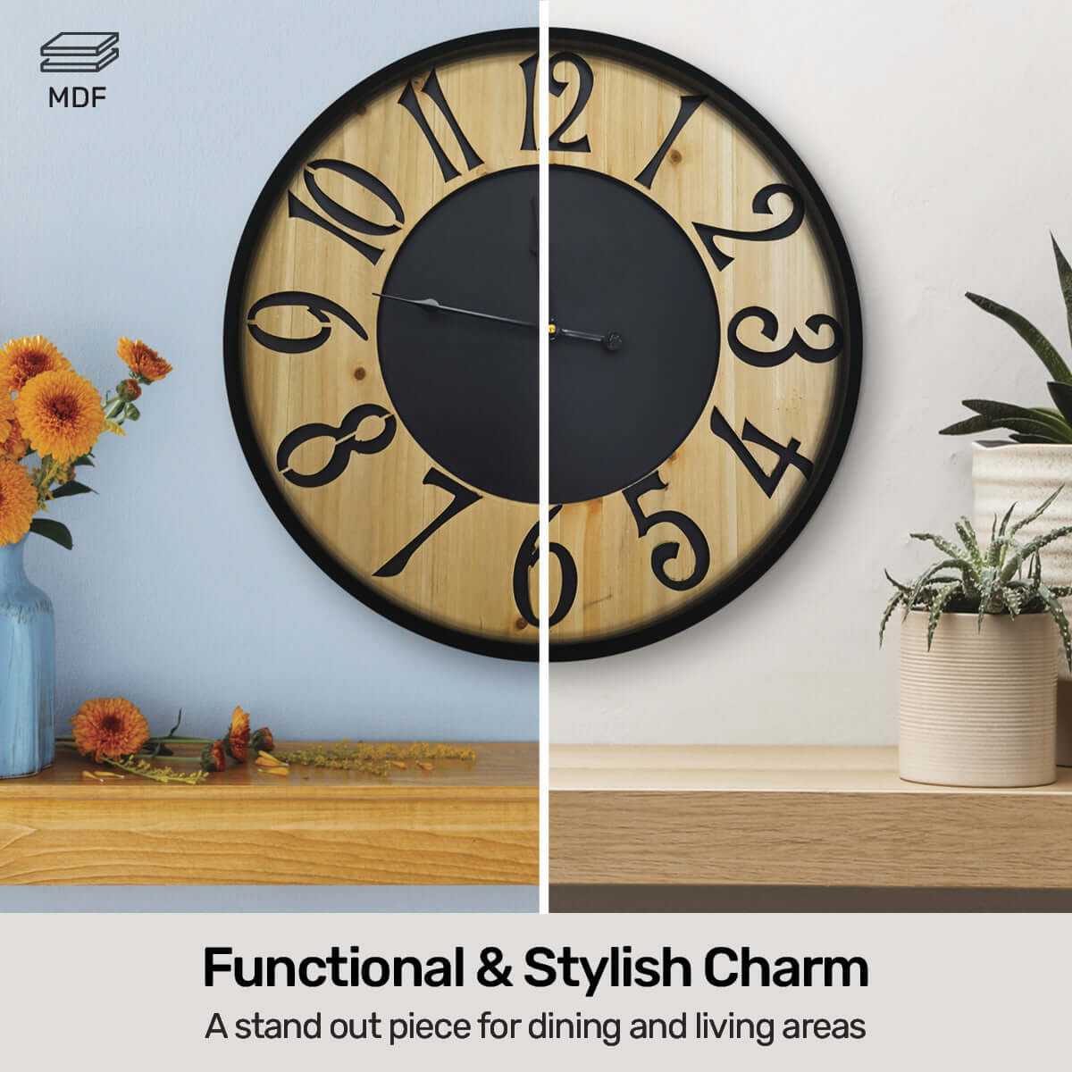 Home Master Wall Clock Wood &amp; Metal Look Stylish Design Large Numb