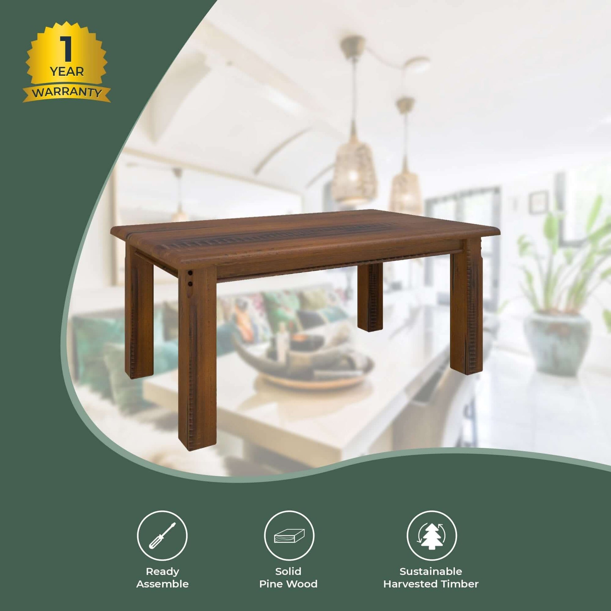 Umber Dining Table 180cm Solid Pine Wood - Dark Brown