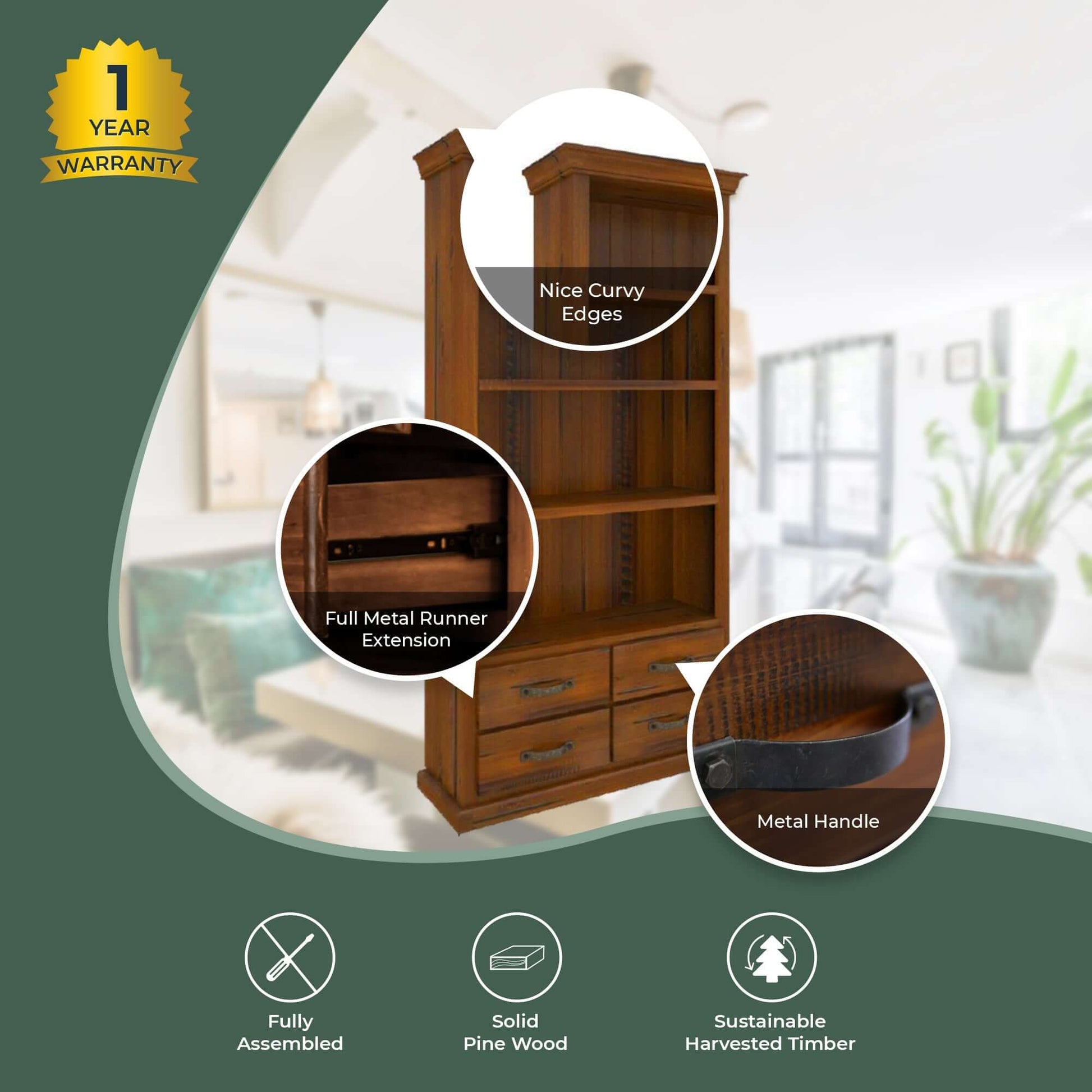 Umber Bookshelf Bookcase 4 Tier Drawers Solid Pine Timber Wood - Dark 