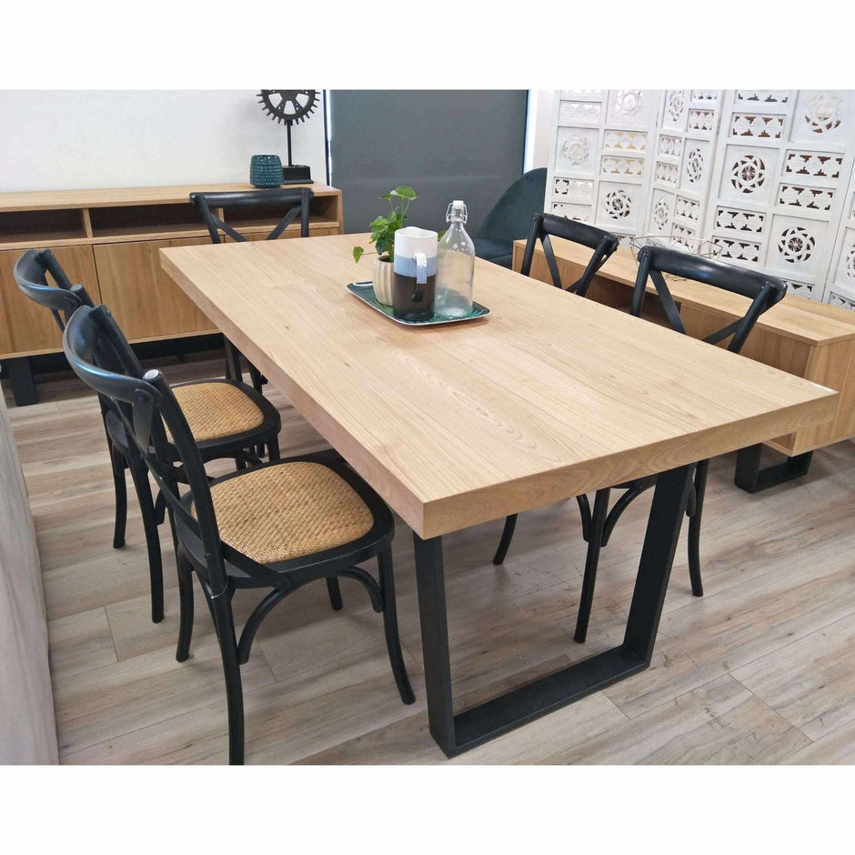 wood dining table with black metal legs