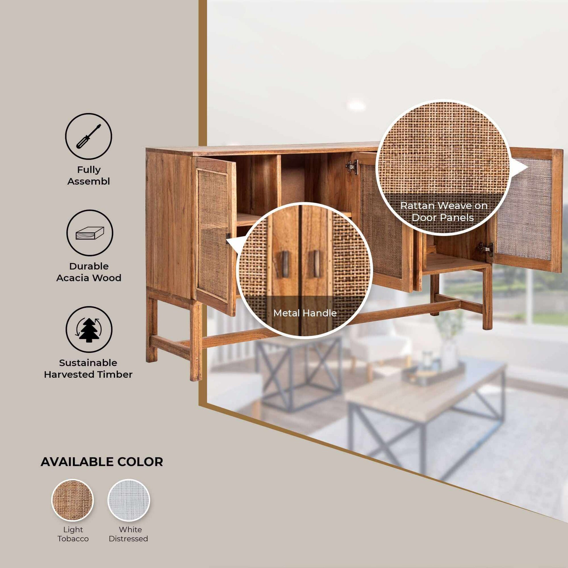 Jasmine Rattan Sideboard Cabinet 160cm 4 Door - Brown