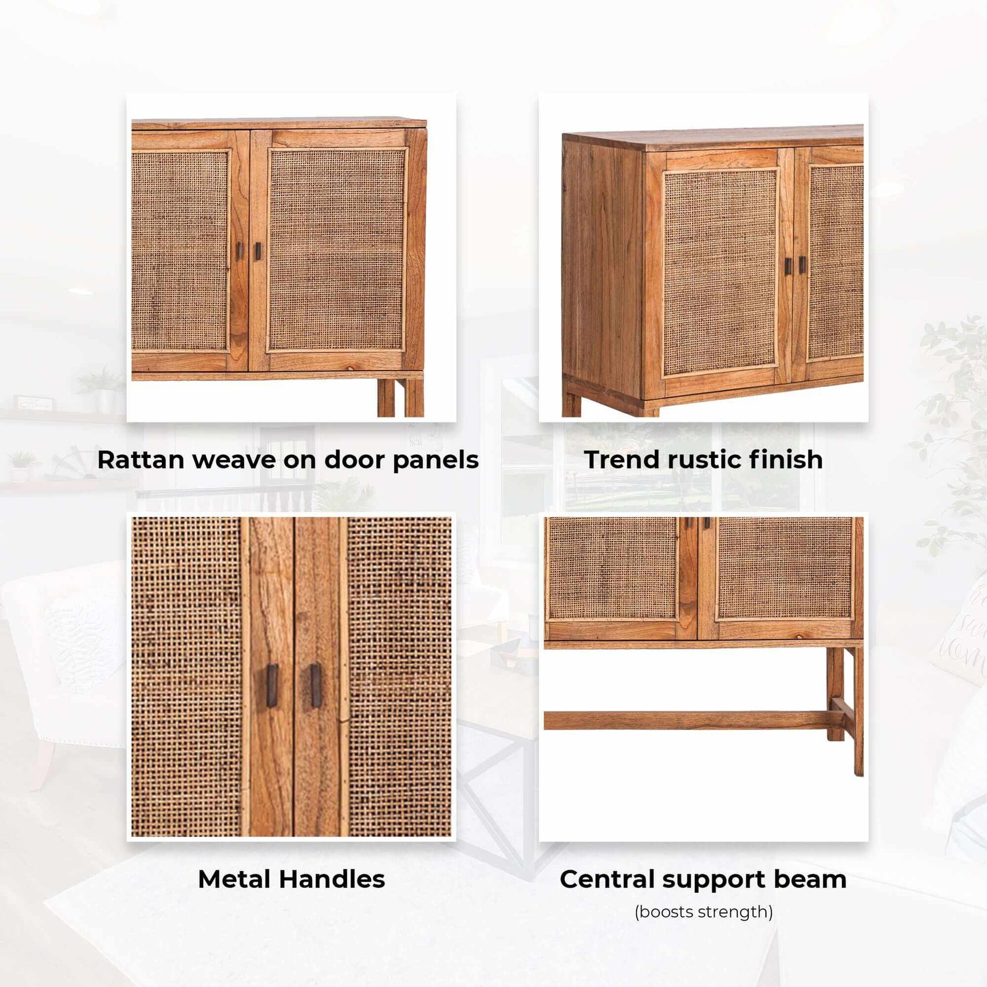 Jasmine Rattan Sideboard Cabinet 160cm 4 Door - Brown