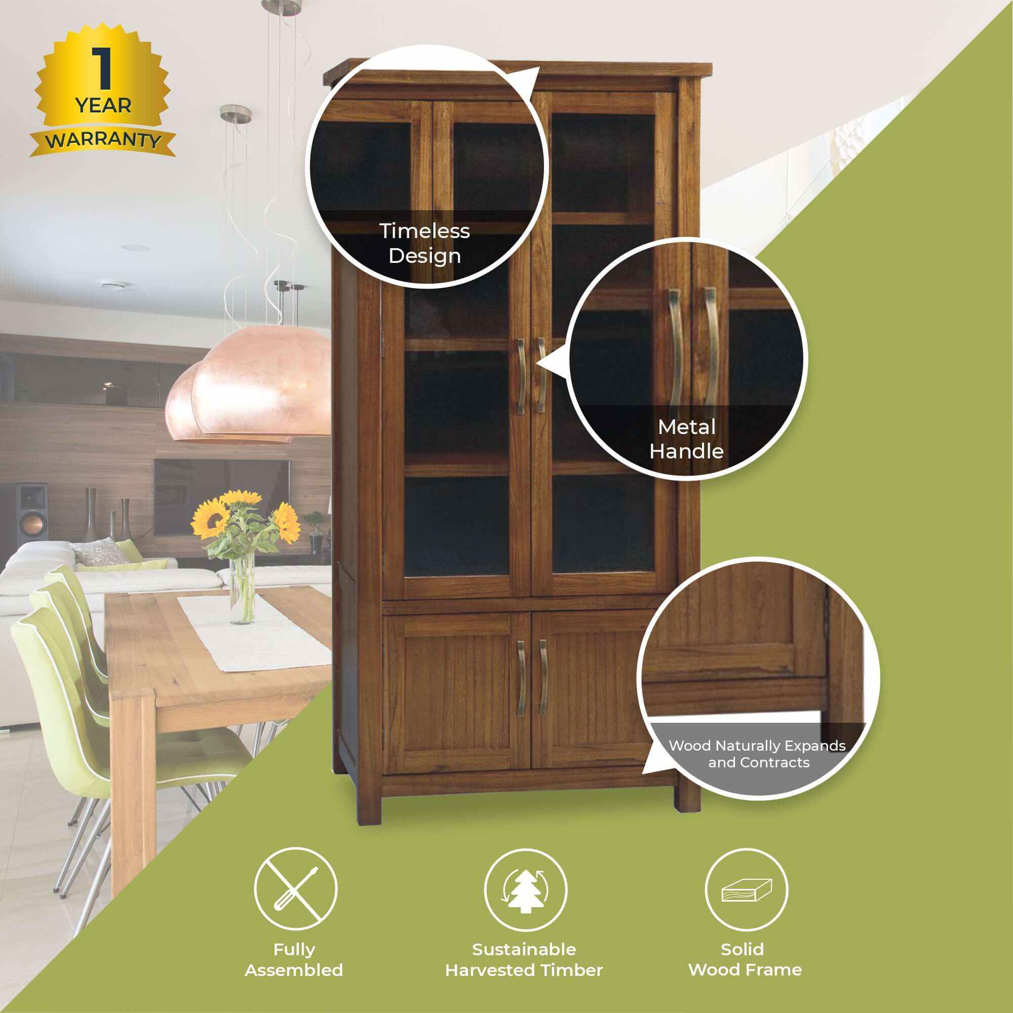 Birdsville Display Unit Glass Door Bookcase Solid Mt Ash Timber Wood -