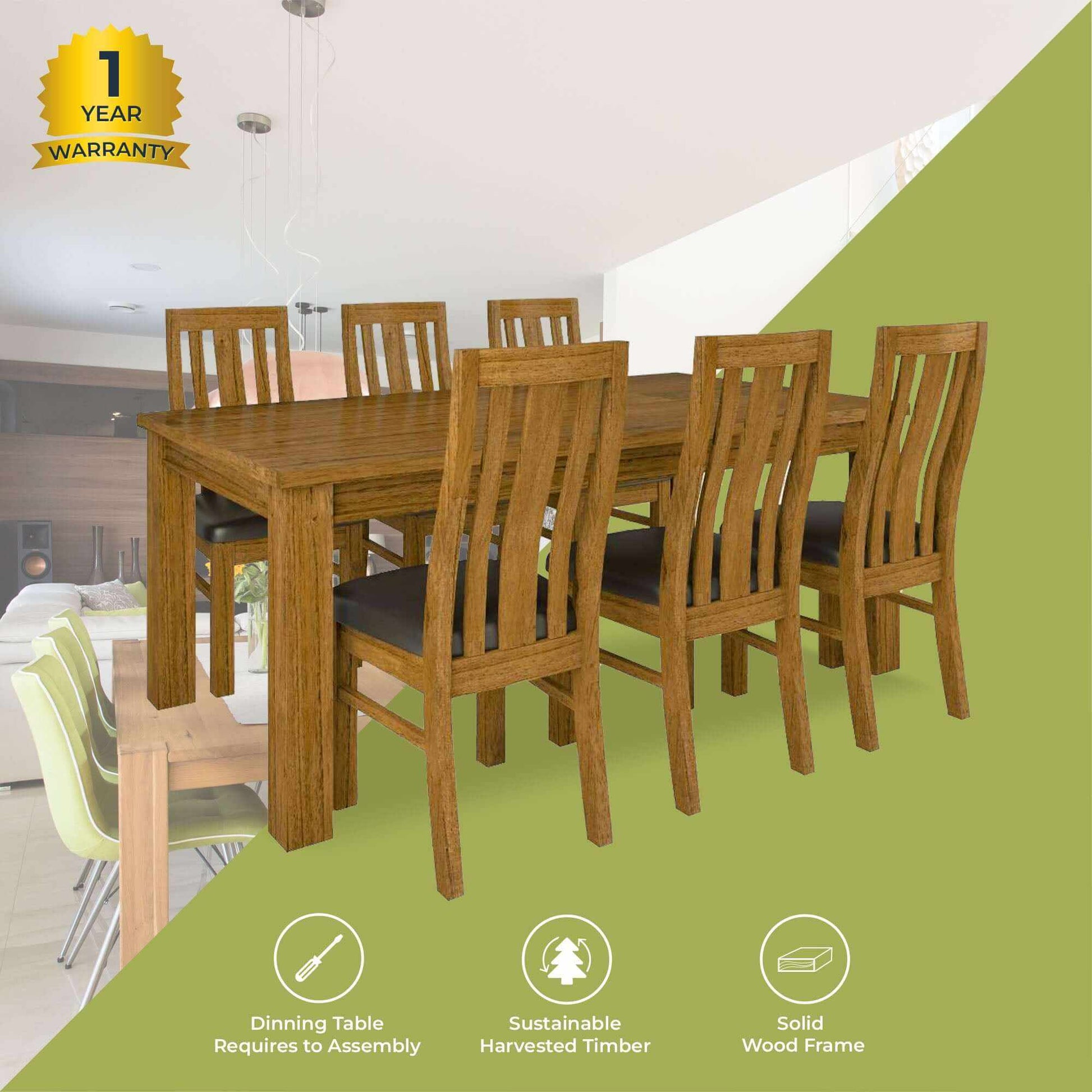 Birdsville 7pc Dining Room Set 190cm Table 6 PU Seat Chair - Brown