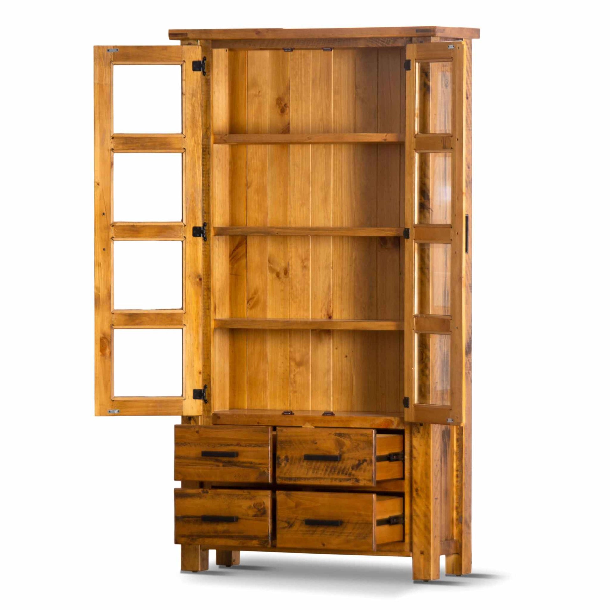 Teasel Display Unit Glass Door Bookcase Solid Pine Wood - Rustic Oak