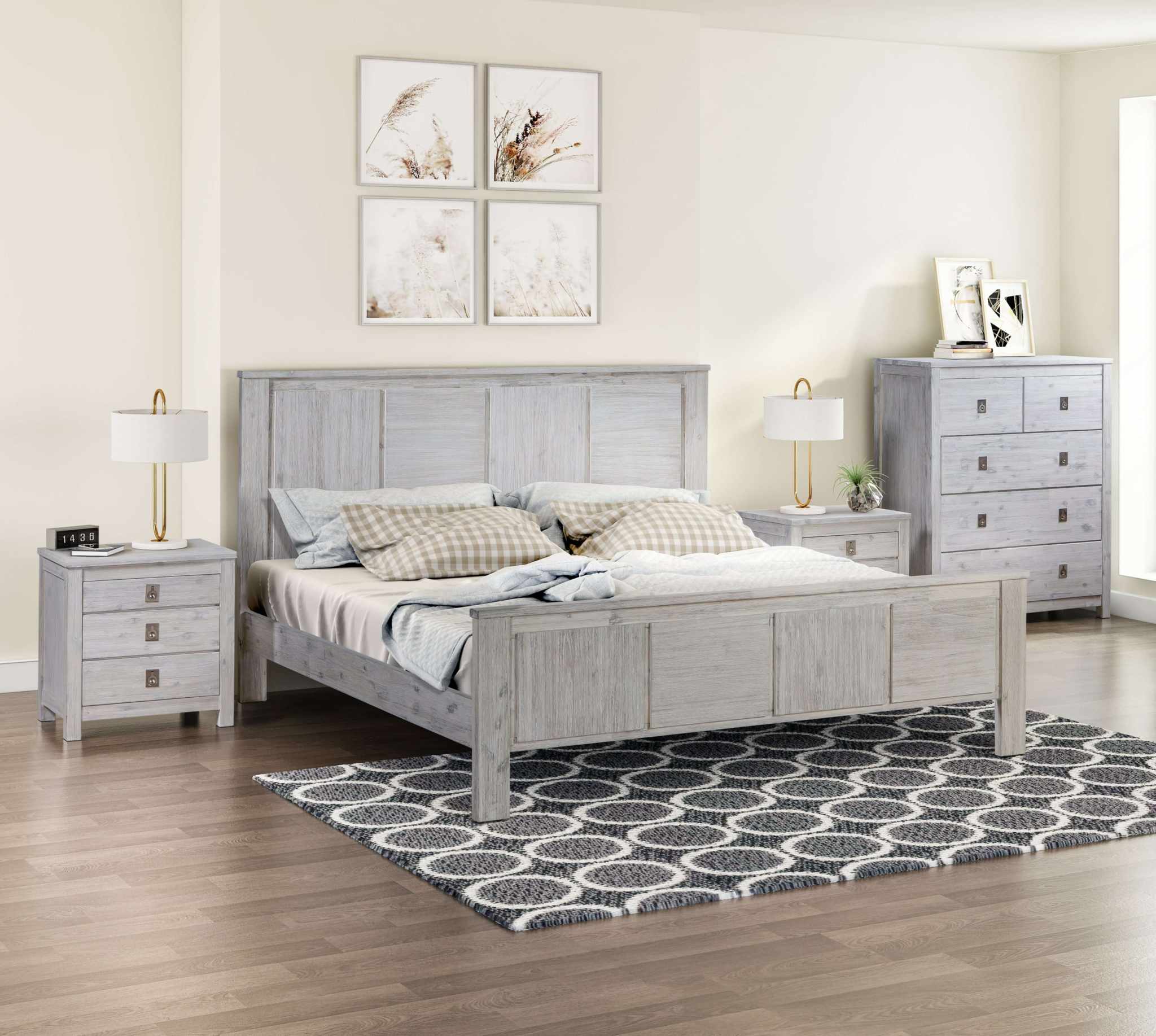 4 Pieces Bedroom Sets King in Solid Acacia Wood- White Ash