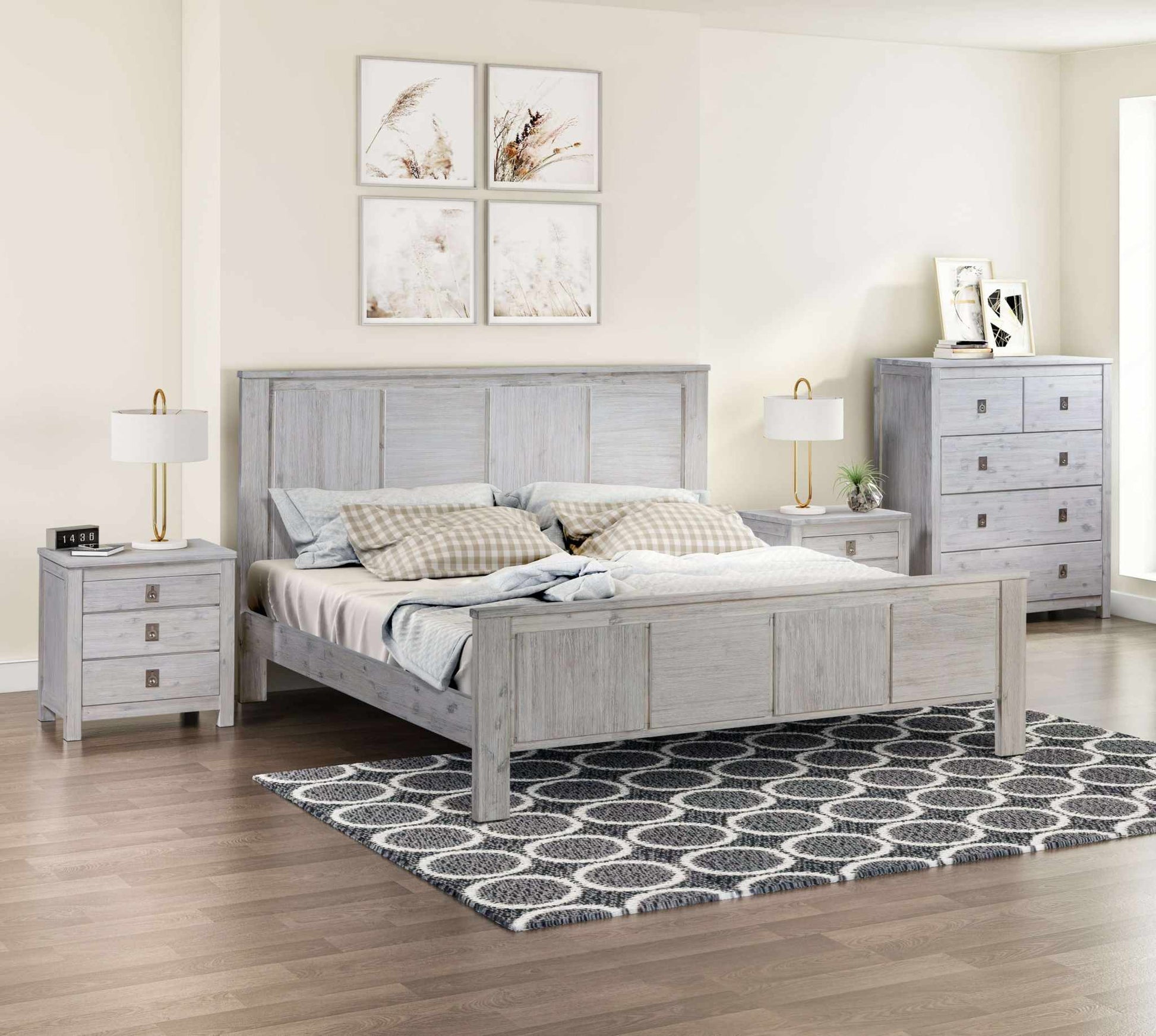 Solid Acacia Wood 4 Pieces Bedroom Set Queen Size in White Ash Colour