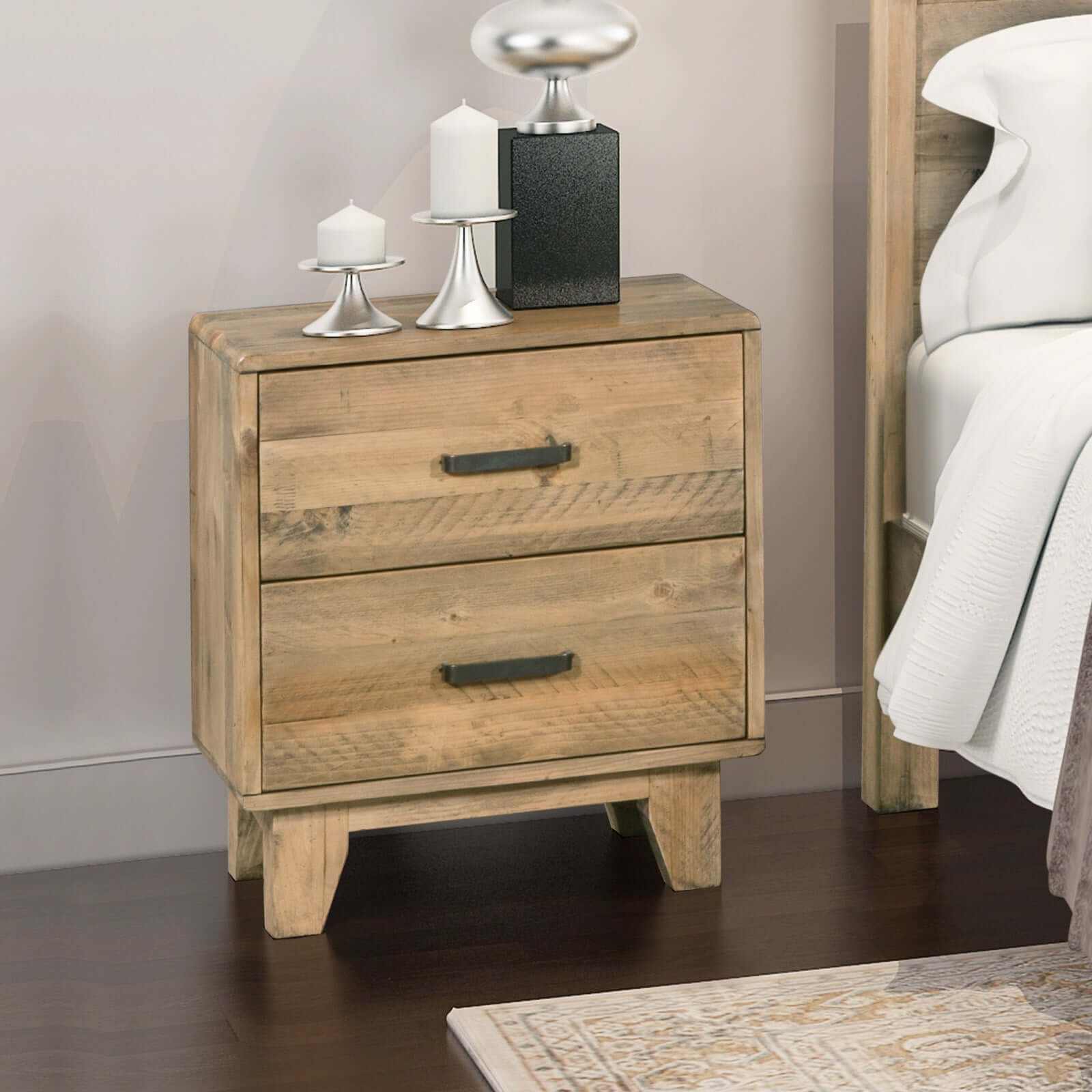 Bedside Table 2 drawers Night Stand Solid Wood Storage - Light Brown