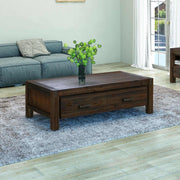 Solid Acacia Wood and Veneer Coffee Table with Drawer Chocolate Colour