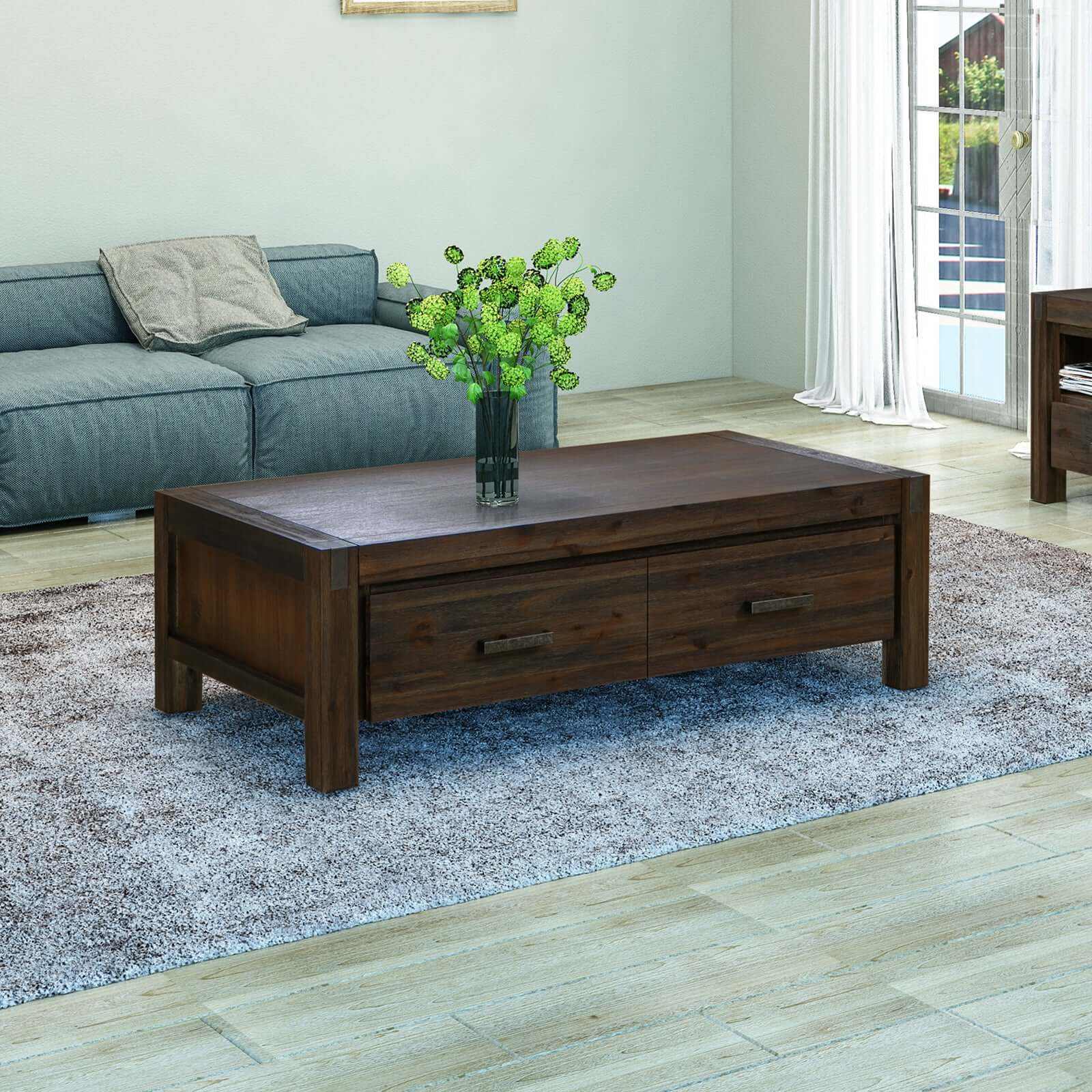 Solid Acacia Wood and Veneer Coffee Table with Drawer Chocolate Colour