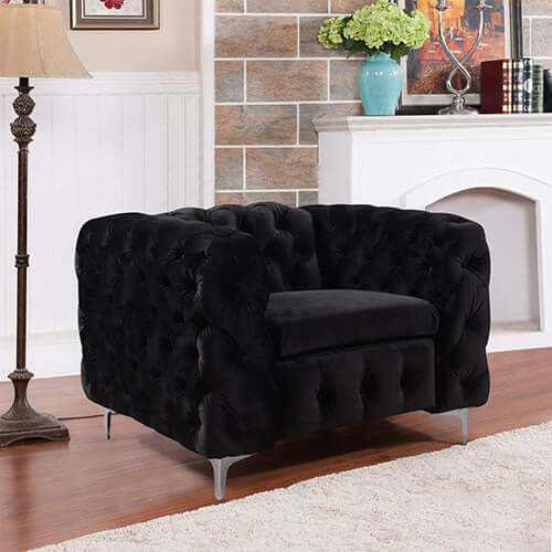 Single Seater Black Sofa Classic Armchair Button Tufted in Velvet Fabr
