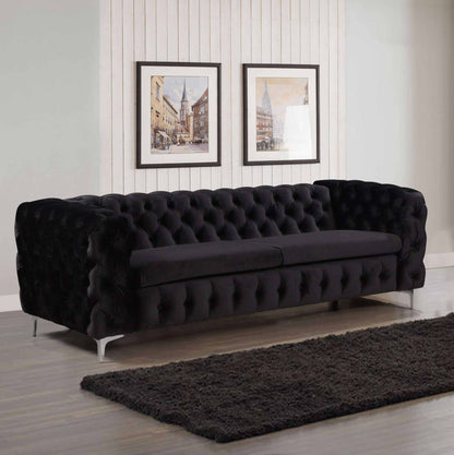 3 Seater Living Room Sofa Classic Button Tufted in Black Velvet Fabric