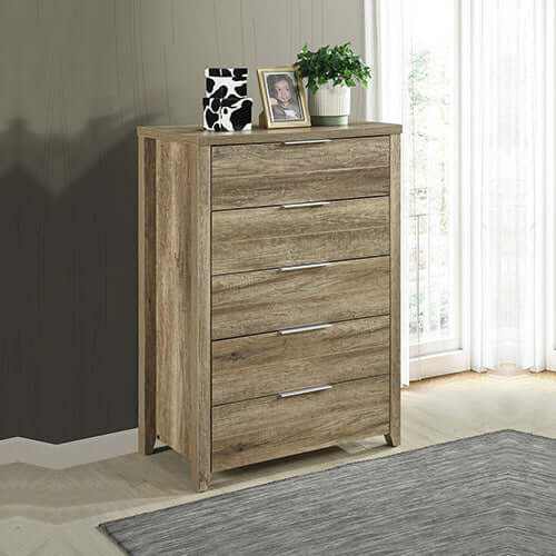 Tallboy with 5 Storage Drawers Natural Wood like MDF in Oak Colour